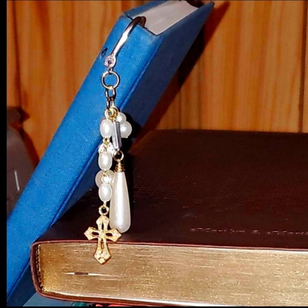 Handmade Bookmark Silver Tone With Dangling White Faux Pearls & Golden Cross